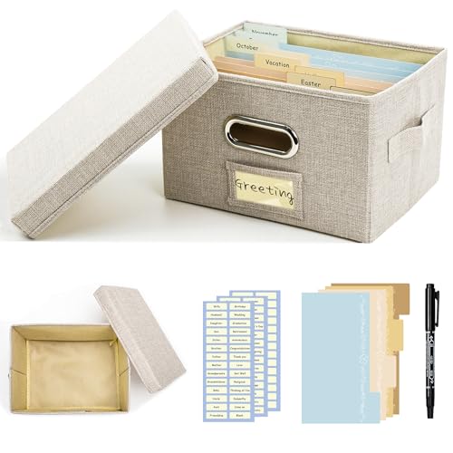 Remowith Grußkarten-Organizer und Aufbewahrungsbox mit 20 Verstellbaren Trennwänden, Aufbewahrungskarton mit 3 Aufklebern, Perfekt zum Aufbewahren von Grußkarten, Umschlägen, Fotos, 1 Packung, Beige von Remowith