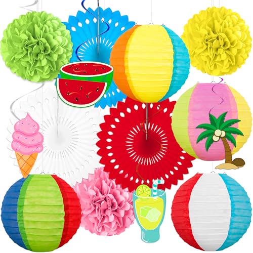 14 Stück Strandparty-Dekorationen, Papierlaternen, Papierfächer, Pompons, hängende Wirbel – Sommer, Pool, Luau-Thema, hängende Dekoration, für drinnen und draußen 14 Stück Strandparty-Dekorationen, Papierlaternen, Papierfächer, Pompons, hängende Wirbel – Sommer, Pool, Luau-Thema, hängende Dekoration, für drinnen und draußen von Renbuzhu