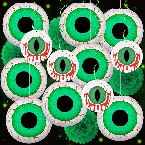 16 Stück Halloween-Party-Dekorationen, Augäpfel, Papierlaternen, Pompons, hängende Wirbel, Lichterketten – Halloween-Gruseldekoration für Zuhause, Garten, Terrasse, Outdoor, Indoor (ohne Batterie) von Renbuzhu