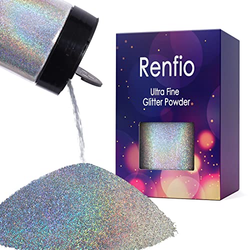 Renfio Holografisches,160g ultrafeines Glitzerpulver, metallisches Harz,Glitzer PET Flocken Bastel Pailletten, 1/128 Zoll 0.2 mm Epoxid Chips,Flocken für Trinkgläser,Schleim–Diamant Laser Silber von Renfio