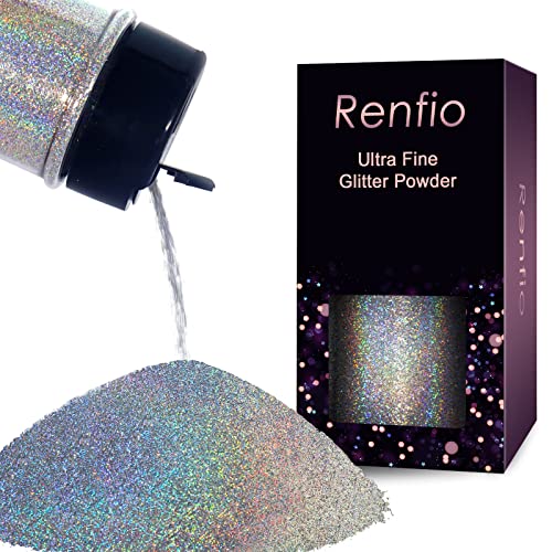 Renfio Holographic Glitzer Powder, 2.11 Oz (60g) glitzer gesicht, 1/128" 0.008" 0.2mm Ultra Fine Glitzerpulver For Garten Deko, Glitzer Basteln, Nail Powder, Body Glitzer Haare - Diamant Laser Silber von Renfio