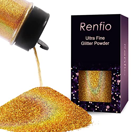 Renfio Holographic Glitzer Powder, 1.75 Oz (50g) glitzer gesicht, 1/128" 0.008" 0.2mm Ultra Fine Glitzerpulver For Garten Deko, Glitzer Basteln, Nail Powder, Body Glitzer Haare - Laser Grünes Gold von Renfio