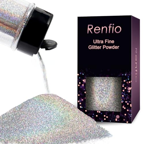 Renfio Holographic Glitzer Powder, 1.75 Oz (50g) glitzer gesicht, 1/128" 0.008" 0.2mm Ultra Fine Glitzerpulver For Garten Deko, Glitzer Basteln, Nail Powder, Body Glitzer Haare - Laser Silber von Renfio