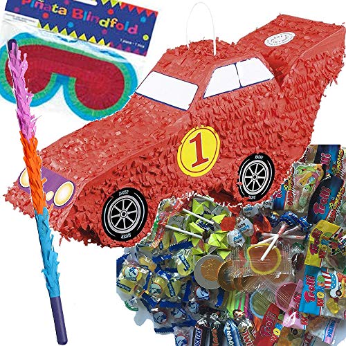 Pinata Set: * RENNWAGEN * mit + Maske + Schläger + 100-teiliger Süßigkeiten-Füllung No.1 von Carpeta© | Handgefertigte Auto Pinata | Tolles Spiel für Kindergeburtstag, Cars Motto-Party von Rennauto-Party: