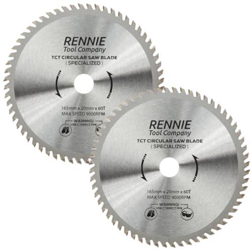 (2 Stück) 165 mm x 20 mm Bohrung x 60T TCT schnurlose Kreissägeblätter, Sägeblätter inklusive 16 mm Reduzierringe von Rennie Tool Company