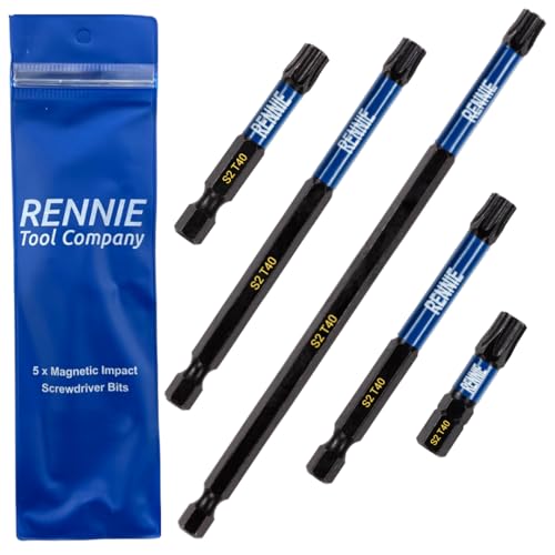 5 x Rennie Tools T40 TX40 Schlagschrauber-Bit-Set x 32 mm/50 mm/75 mm/100 mm/150 mm lang. Strapazierfähiges, magnetisches Torx-Schraubendreher-Bit-Set. Oxidbeschichtete T von Rennie Tool Company