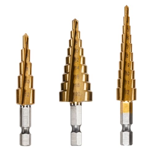 RENNIE TOOLS – 3-teiliges großes HSS Stufenkegelbohrer-Set + blauer Nylon-Aufbewahrungstasche/3–12 mm 4–12 mm 4–20 mm/Titan (TiN) beschichtetes Set Lochschneider von Rennie Tool Company
