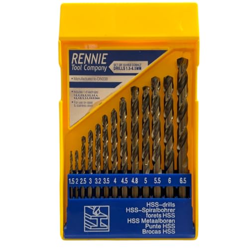 Rennie Tool Company 1,5–6,5 mm HSS Kobalt-Bohrer-Sets mit Aufbewahrungskoffer, Bohrer-Set, 13-teilig, für Edelstahl, Aluminium, Hartmetalle, Gusseisen, Kunststoff und HOL von Rennie Tool Company