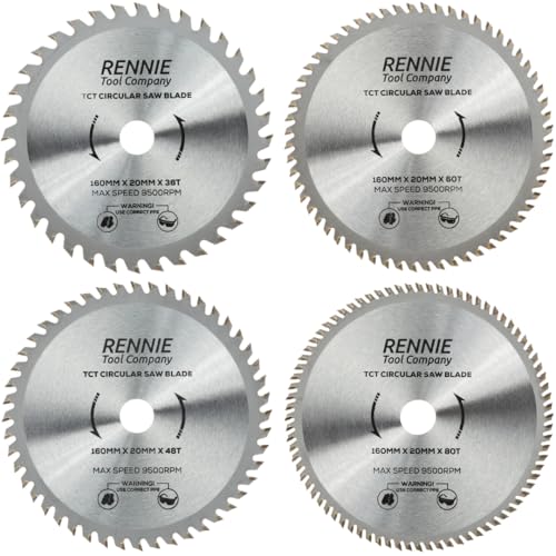 Rennie Tool Company 4 x Rennie Tools 160 mm x 20 mm Bohrung (16 mm Ring) Kreisholzsägeblätter für Festool TS55 Makita Bosch Ryobi Dewalt Kreissägen usw. 160 x 36T, 48T, 60T und 80T. TCT-Hartmetallspi von Rennie Tool Company