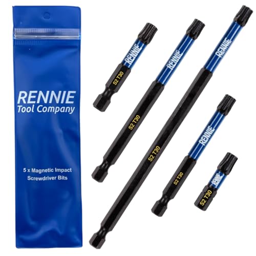 "Rennie Tool Company“ 5 x Rennie Tools T30 TX30 Schlagschrauber-Bit-Set x 32 mm/50 mm/75 mm/100 mm/150 mm lang. Hochleistungs-Magnet-Torx-Schraubendreher-Bit-Set. Oxidbeschichtete Torx-Schlagschraube von Rennie Tool Company