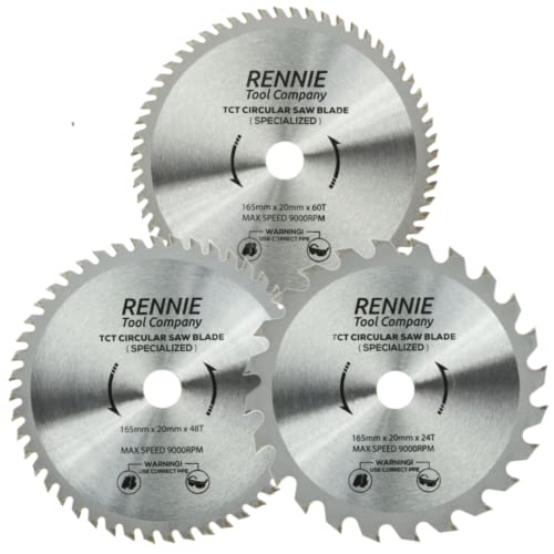 Rennie Tools Kreissägeblätter, 165 mmx24 T, 48T und 60Tx20 mm Bohrung, 165 mm Kreissägeblätter, mittlere, TCT BCT, 3 Stück Damen Wolfram Colorium Hartmetallbestückt von Rennie Tool Company