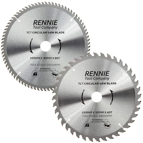 Rennie Tools Kreissägeblatt für Holz, 255 mm x 40 Zähne, 80 T x 30 mm, Bohrung, 25 mm, 20 mm und 16 mm Bohrung, 2 Stück Kompatibel mit Bosch, Makita, Dewalt Kreissäge, etc von Rennie Tool Company