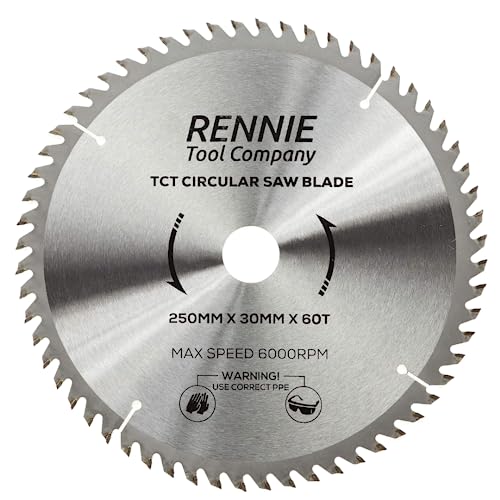 Rennie Tools TCT Kreissägeblatt, 250 mm x 30 mm x 60 Zähne, inkl. Reduzierringe für 25 mm, 20 mm und 16 mm Bohrung. Kompatibel mit Bosch, Makita, Dewalt Kreissägen usw. Passend für 255 mm Kreissägen Rennie Tools TCT Kreissägeblatt, 250 mm x 30 mm x 60 Zähne, inkl. Reduzierringe für 25 mm, 20 mm und 16 mm Bohrung. Kompatibel mit Bosch, Makita, Dewalt Kreissägen usw. Passend für 255 mm Kreissägen von Rennie Tool Company