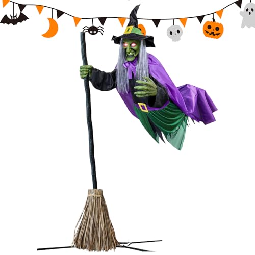 Renopfect Fliegende Hexe auf einem Hexenbesen - Halloween Dekofigur Mit Besen Für Garten Rasen Vorgarten - Gruselige Deko Für Innen Außen Haus Terrasse Garten von Renopfect