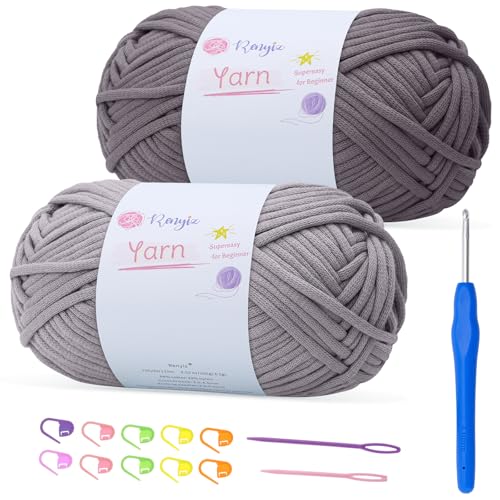 100 g x 2 grobes Baumwoll-Häkelgarn mit 4 mm Haken, weiches, nicht geteiltes dickes Garn für Amigurumi-Geschenke, Heimdekoration, Anfängerprojekte (Anthrazit + Silbergrau) von Renyiz