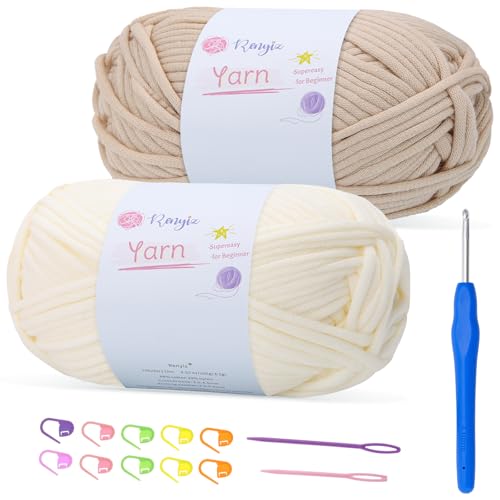 100 g x 2 grobes Baumwoll-Häkelgarn mit 4 mm Haken, weiches, nicht geteiltes dickes Garn für Amigurumi-Geschenke, Heimdekoration, Anfängerprojekte (Beige + OffWhite) von Renyiz