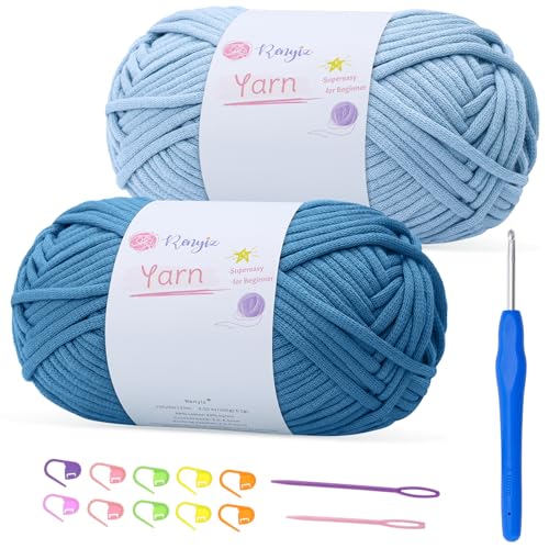100 g x 2 grobes Baumwoll-Häkelgarn mit 4 mm Haken, weiches, nicht geteiltes dickes Garn für Amigurumi-Geschenke, Heimdekoration, Anfängerprojekte (Hellblau + Blau) von Renyiz