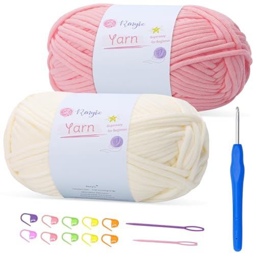 100 g x 2 grobes Baumwoll-Häkelgarn mit 4 mm Haken, weiches, nicht geteiltes dickes Garn für Amigurumi-Geschenke, Heimdekoration, Anfängerprojekte (Rosa + gebrochenes Weiß) von Renyiz