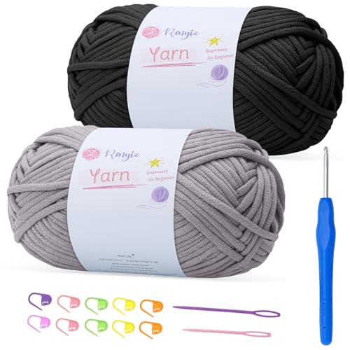100 g x 2 grobes Baumwoll-Häkelgarn mit 4 mm Haken, weiches, nicht geteiltes dickes Garn für Amigurumi-Geschenke, Heimdekoration, Anfängerprojekte (schwarz + grau) von Renyiz