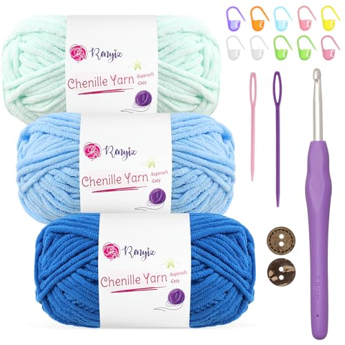 Chenille Wolle zum Häkeln 3x50g(60m/rolle) Flauschige Chenille Garn-Set mit 5mm Häkelnadel & Accessoires Weiche Babywolle für Häkeln & Stricken Chunky, kuschelige Wolle für DIY-Projekte von Renyiz