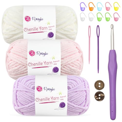 Chenille Wolle zum Häkeln 3x50g(60m/rolle) Flauschige Chenille Garn-Set mit 5mm Häkelnadel & Accessoires Weiche Babywolle für Häkeln & Stricken Chunky, kuschelige Wolle für DIY-Projekte von Renyiz