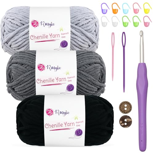 Chenille Wolle zum Häkeln 3x50g(60m/rolle) Flauschige Chenille Garn-Set mit 5mm Häkelnadel & Accessoires Weiche Babywolle für Häkeln & Stricken Chunky, kuschelige Wolle für DIY-Projekte von Renyiz