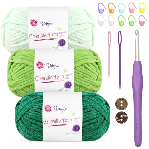 Chenille Wolle zum Häkeln 3x50g(60m/rolle) Flauschige Chenille Garn-Set mit 5mm Häkelnadel & Accessoires Weiche Babywolle für Häkeln & Stricken Chunky, kuschelige Wolle für DIY-Projekte von Renyiz