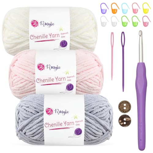 Chenille Wolle zum Häkeln 3x50g(60m/rolle) Flauschige Chenille Garn-Set mit 5mm Häkelnadel & Accessoires Weiche Babywolle für Häkeln & Stricken Chunky, kuschelige Wolle für DIY-Projekte von Renyiz