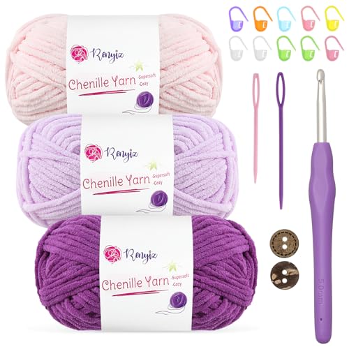 Chenille Wolle zum Häkeln 3x50g(60m/rolle) Flauschige Chenille Garn-Set mit 5mm Häkelnadel & Accessoires Weiche Babywolle für Häkeln & Stricken Chunky, kuschelige Wolle für DIY-Projekte von Renyiz