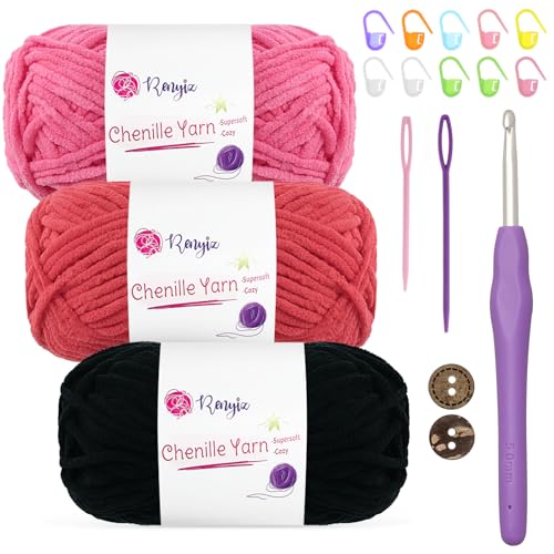 Chenille Wolle zum Häkeln 3x50g(60m/rolle) Flauschige Chenille Garn-Set mit 5mm Häkelnadel & Accessoires Weiche Babywolle für Häkeln & Stricken Chunky, kuschelige Wolle für DIY-Projekte von Renyiz