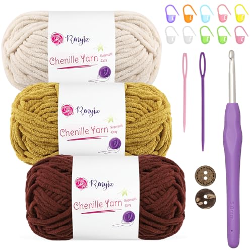 Chenille Wolle zum Häkeln 3x50g(60m/rolle) Flauschige Chenille Garn-Set mit 5mm Häkelnadel & Accessoires Weiche Babywolle für Häkeln & Stricken Chunky, kuschelige Wolle für DIY-Projekte von Renyiz