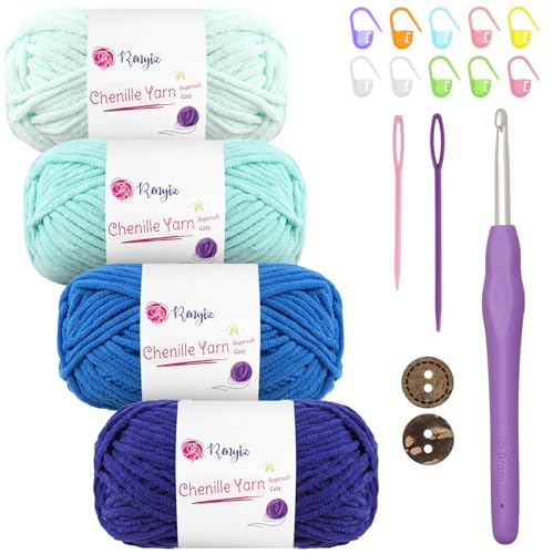 Chenille Wolle zum Häkeln 4x50g(60m/rolle) Flauschige Chenille Garn-Set mit 5mm Häkelnadel & Accessoires Weiche Babywolle für Häkeln & Stricken Chunky, kuschelige Wolle für DIY-Projekte von Renyiz