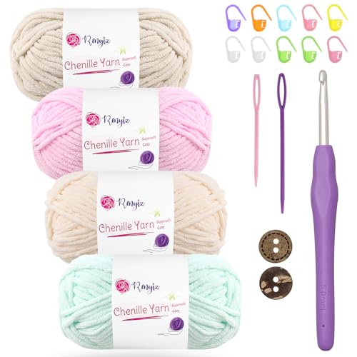 Chenille Wolle zum Häkeln 4x50g(60m/rolle) Flauschige Chenille Garn-Set mit 5mm Häkelnadel & Accessoires Weiche Babywolle für Häkeln & Stricken Chunky, kuschelige Wolle für DIY-Projekte von Renyiz