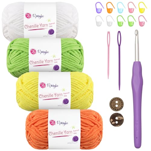 Chenille Wolle zum Häkeln 4x50g(60m/rolle) Flauschige Chenille Garn-Set mit 5mm Häkelnadel & Accessoires Weiche Babywolle für Häkeln & Stricken Chunky, kuschelige Wolle für DIY-Projekte von Renyiz