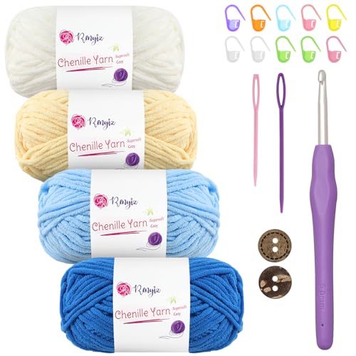 Chenille Wolle zum Häkeln 4x50g(60m/rolle) Flauschige Chenille Garn-Set mit 5mm Häkelnadel & Accessoires Weiche Babywolle für Häkeln & Stricken Chunky, kuschelige Wolle für DIY-Projekte von Renyiz