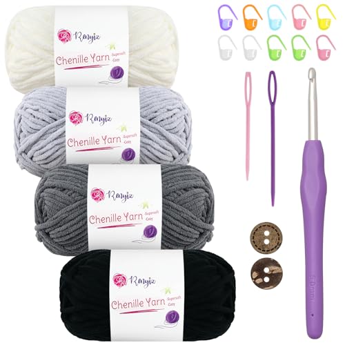 Chenille Wolle zum Häkeln 4x50g(60m/rolle) Flauschige Chenille Garn-Set mit 5mm Häkelnadel & Accessoires Weiche Babywolle für Häkeln & Stricken Chunky, kuschelige Wolle für DIY-Projekte von Renyiz