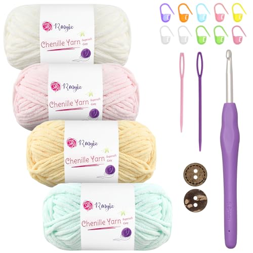 Chenille Wolle zum Häkeln 4x50g(60m/rolle) Flauschige Chenille Garn-Set mit 5mm Häkelnadel & Accessoires Weiche Babywolle für Häkeln & Stricken Chunky, kuschelige Wolle für DIY-Projekte von Renyiz