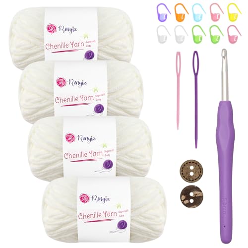 Chenille Wolle zum Häkeln 4x50g(60m/rolle) Flauschige Chenille Garn-Set mit 5mm Häkelnadel & Accessoires Weiche Babywolle für Häkeln & Stricken Chunky, kuschelige Wolle für DIY-Projekte von Renyiz