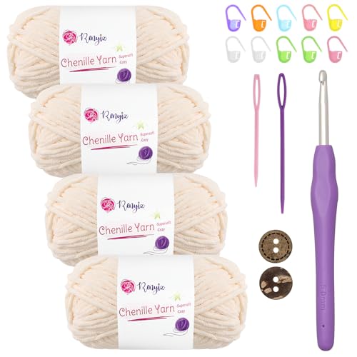 Chenille Wolle zum Häkeln 4x50g(60m/rolle) Flauschige Chenille Garn-Set mit 5mm Häkelnadel & Accessoires Weiche Babywolle für Häkeln & Stricken Chunky, kuschelige Wolle für DIY-Projekte von Renyiz