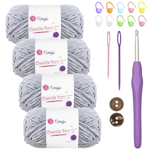 Chenille Wolle zum Häkeln 4x50g(60m/rolle) Flauschige Chenille Garn-Set mit 5mm Häkelnadel & Accessoires Weiche Babywolle für Häkeln & Stricken Chunky, kuschelige Wolle für DIY-Projekte von Renyiz