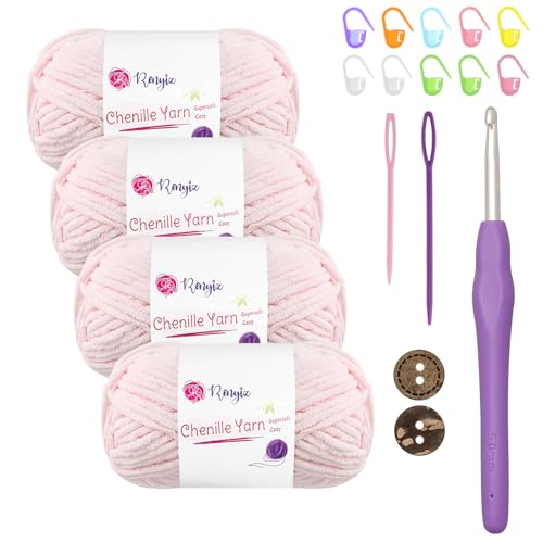 Chenille Wolle zum Häkeln 4x50g(60m/rolle) Flauschige Chenille Garn-Set mit 5mm Häkelnadel & Accessoires Weiche Babywolle für Häkeln & Stricken Chunky, kuschelige Wolle für DIY-Projekte von Renyiz