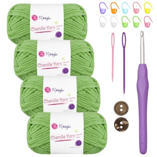 Chenille Wolle zum Häkeln 4x50g(60m/rolle) Flauschige Chenille Garn-Set mit 5mm Häkelnadel & Accessoires Weiche Babywolle für Häkeln & Stricken Chunky, kuschelige Wolle für DIY-Projekte von Renyiz