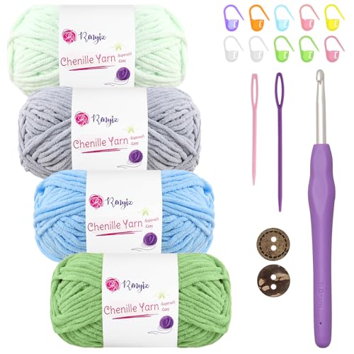 Chenille Wolle zum Häkeln 4x50g(60m/rolle) Flauschige Chenille Garn-Set mit 5mm Häkelnadel & Accessoires Weiche Babywolle für Häkeln & Stricken Chunky, kuschelige Wolle für DIY-Projekte von Renyiz
