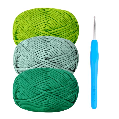 Häkelgarn Baumwolle Häkelwolle Chenille Wolle zum Häkeln 3 x 50g Häkelwolle mit Häkelnadel 4mm, Dickes Baumwoll-Nylon-Mischgarn Grünes Garn von Renyiz