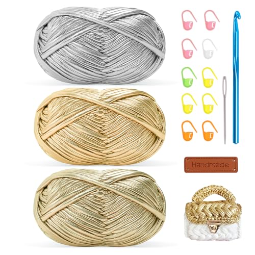 Metallic T-Shirt Garn, 3 x 100g Textilgarn, Bändchengarn,Tshirt Garn Set mit 7mm Haken – Ideal für Häkeln von Taschen, Teppichen, Körben & Strickaccessoires Silber + Gelb + Golden Metallic T-Shirt Garn, 3 x 100g Textilgarn, Bändchengarn,Tshirt Garn Set mit 7mm Haken – Ideal für Häkeln von Taschen, Teppichen, Körben & Strickaccessoires Silber + Gelb + Golden von Renyiz