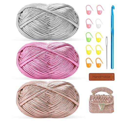 Metallic T-Shirt Garn, 3 x 100g Textilgarn, Bändchengarn,Tshirt Garn Set mit 7mm Haken – Ideal für Häkeln von Taschen, Teppichen, Körben & Strickaccessoires sliver+rose+pink Metallic T-Shirt Garn, 3 x 100g Textilgarn, Bändchengarn,Tshirt Garn Set mit 7mm Haken – Ideal für Häkeln von Taschen, Teppichen, Körben & Strickaccessoires sliver+rose+pink von Renyiz