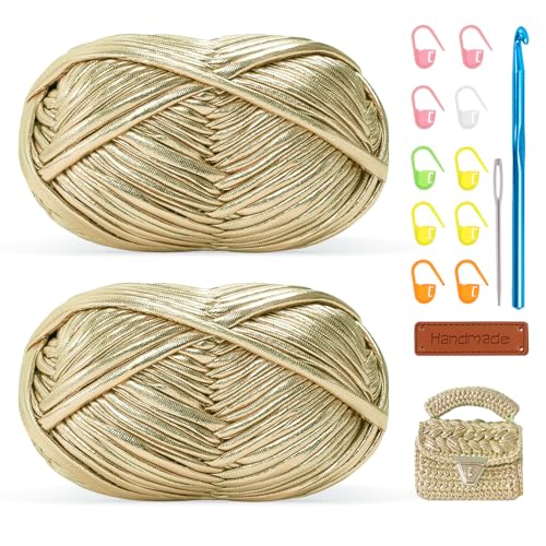 Metallisches T-Shirt-Garn zum Häkeln, 2 x 100 g, grobes Häkelgarn mit 6 mm Haken, perfekt für Häkelprojekte, Anfänger, freundlicher elastischer Stoff für DIY Handwerk Metallisches T-Shirt-Garn zum Häkeln, 2 x 100 g, grobes Häkelgarn mit 6 mm Haken, perfekt für Häkelprojekte, Anfänger, freundlicher elastischer Stoff für DIY Handwerk von Renyiz