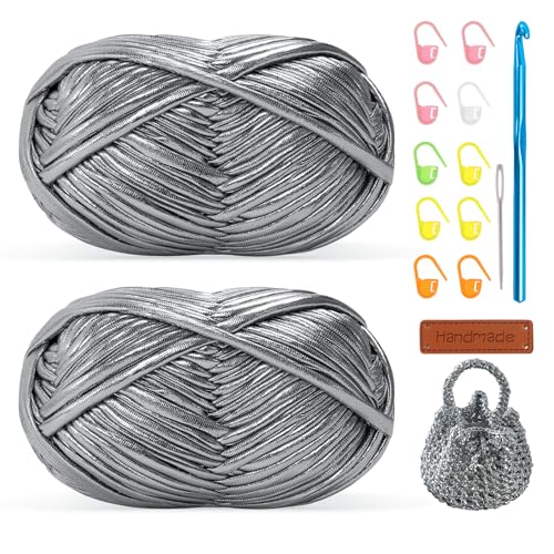 Metallisches T-Shirt-Garn zum Häkeln, 2 x 100 g, grobes Häkelgarn mit 7 mm Haken, perfekt für Häkelprojekte, Anfänger, freundlicher elastischer Stoff für DIY Handwerk von Renyiz