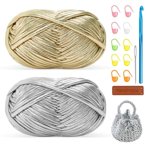 Metallisches T-Shirt-Garn zum Häkeln, 2 x 100 g, grobes Häkelgarn mit 7 mm Haken, perfekt für Häkelprojekte, Anfänger, freundlicher elastischer Stoff für DIY Handwerk Metallisches T-Shirt-Garn zum Häkeln, 2 x 100 g, grobes Häkelgarn mit 7 mm Haken, perfekt für Häkelprojekte, Anfänger, freundlicher elastischer Stoff für DIY Handwerk von Renyiz