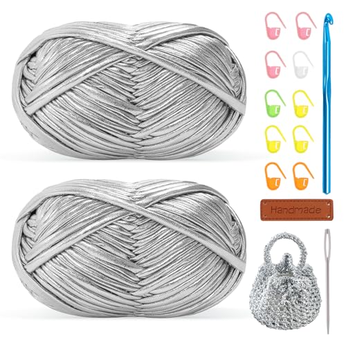 Metallisches T-Shirt-Garn zum Häkeln, 2 x 100 g, grobes Häkelgarn mit 7 mm Haken, perfekt zum Häkeln von Taschen/Körben/Teppichen/Heimdekoration, Anfängerfreundlicher, elastischer Stoff für Metallisches T-Shirt-Garn zum Häkeln, 2 x 100 g, grobes Häkelgarn mit 7 mm Haken, perfekt zum Häkeln von Taschen/Körben/Teppichen/Heimdekoration, Anfängerfreundlicher, elastischer Stoff für von Renyiz